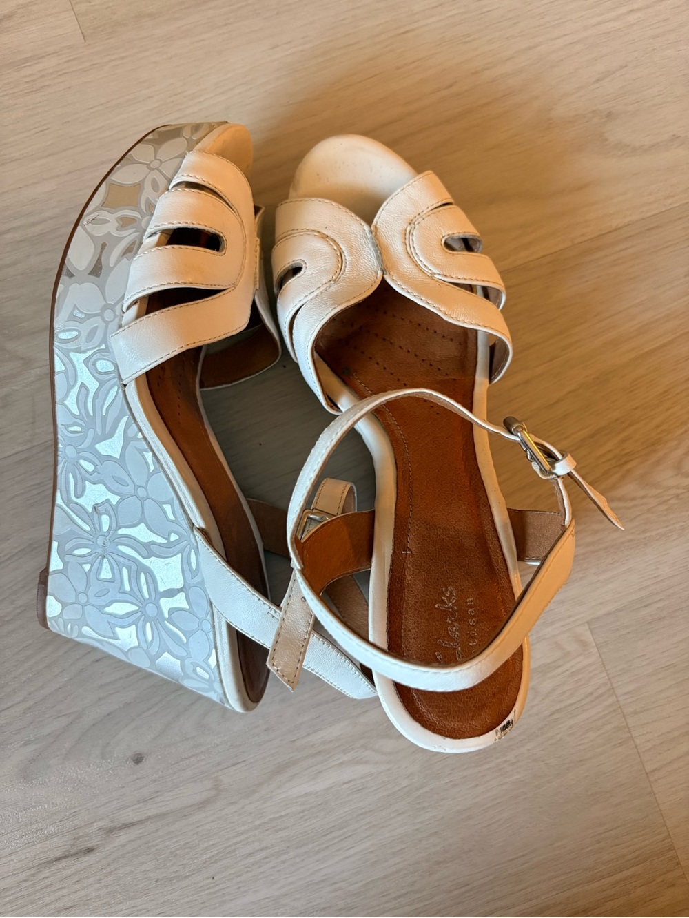 Women's White Wedge Clarks Artisan Sandals - Strappy Ankle Strap